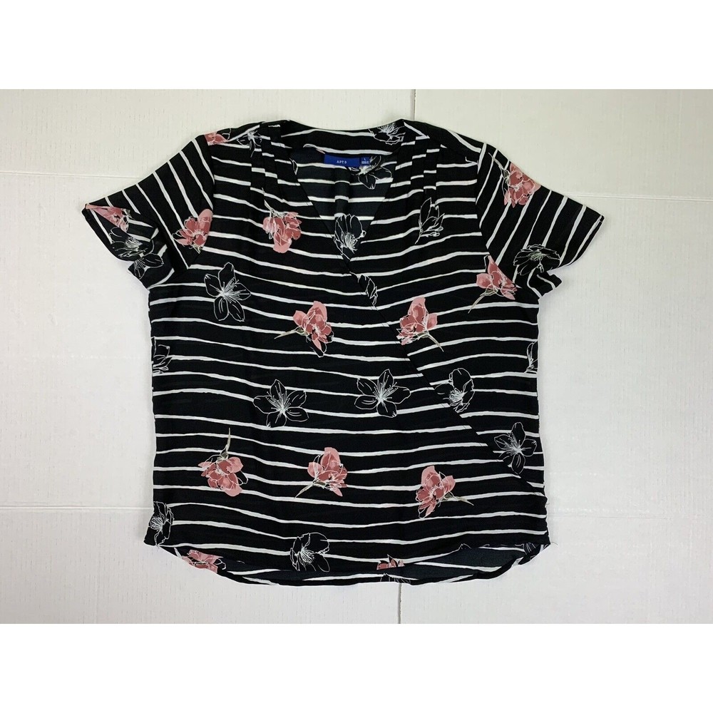 Apt 9 Womens L Floral Print Wrap Blouse Tunic Top Short Sleeve Black White Pink